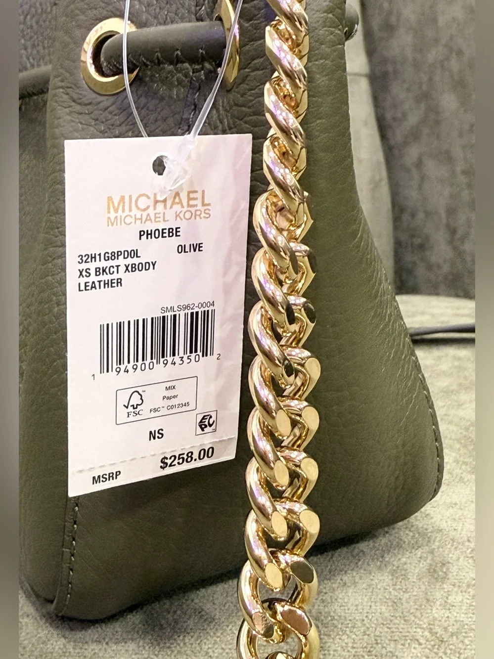 Michael Kors Phoebe Olive Green Leather Drawstring Crossbody with Gold Accents